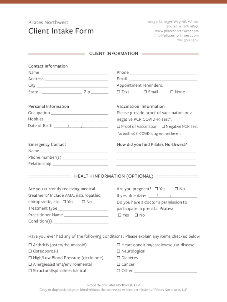 Fillable Online Fillable Online Who We Are Pilates Northwest