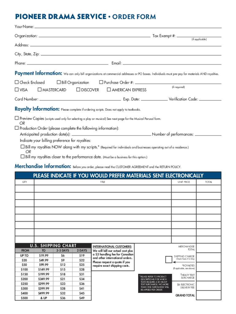 Fillable Online PIONEER DRAMA SERVICEORDER FORM Fax Email Print - pdfFiller