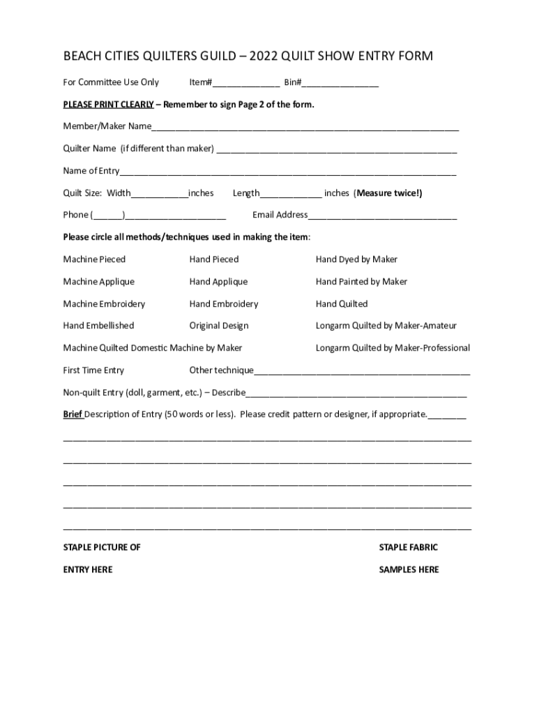 Fillable Online 2022 Quilt Show Entry Form Fax Email Print pdfFiller
