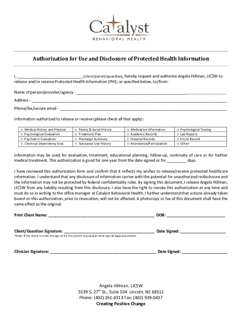 Fillable Online Hillman Healthcare Release Catalyst Behavioral Health Fax Email Print pdfFiller