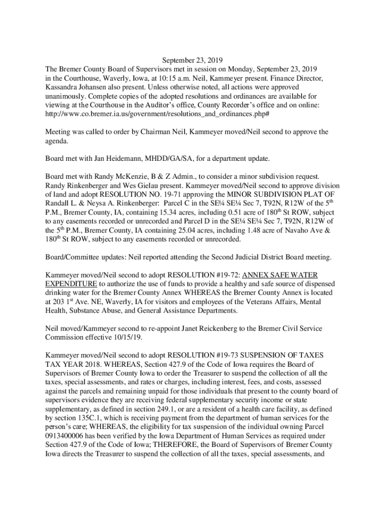 Fillable Online September 23, 2019 The Bremer County Board of