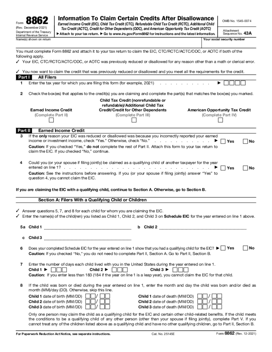 Irs 8862 2018-2022 - Fill And Sign Printable Template Online