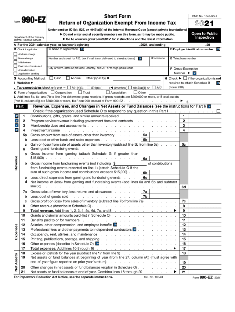 2021 Form IRS 990 EZ Fill Online Printable Fillable Blank PdfFiller