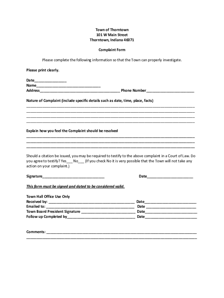 Fillable Online Thorntown Town Clerk, 101 W Main St, Thorntown, IN