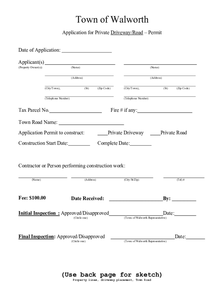 Fillable Online Application for Driveway Permit Town of Walworth, NY