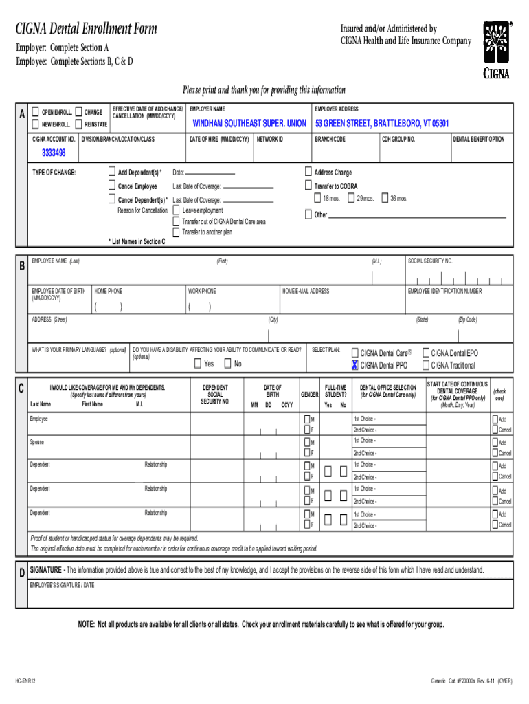 Fillable Online Dental Claim Form Cigna dental plans are insured and or
