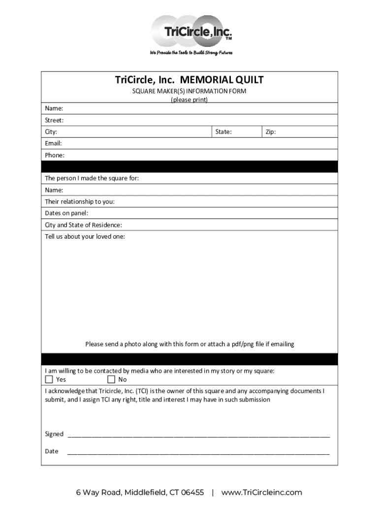 Fillable Online TriCircle, Inc. MEMORIAL QUILT Fax Email Print pdfFiller