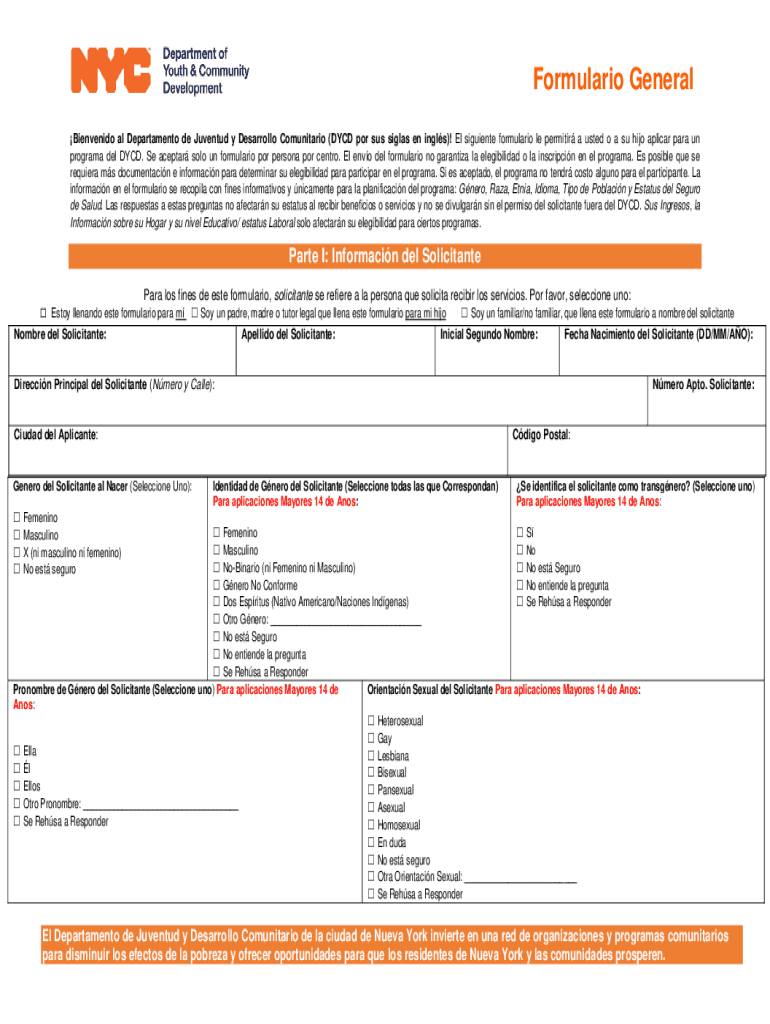Fillable Online Admisin universal de participantes del DYCD: Solicitud ...