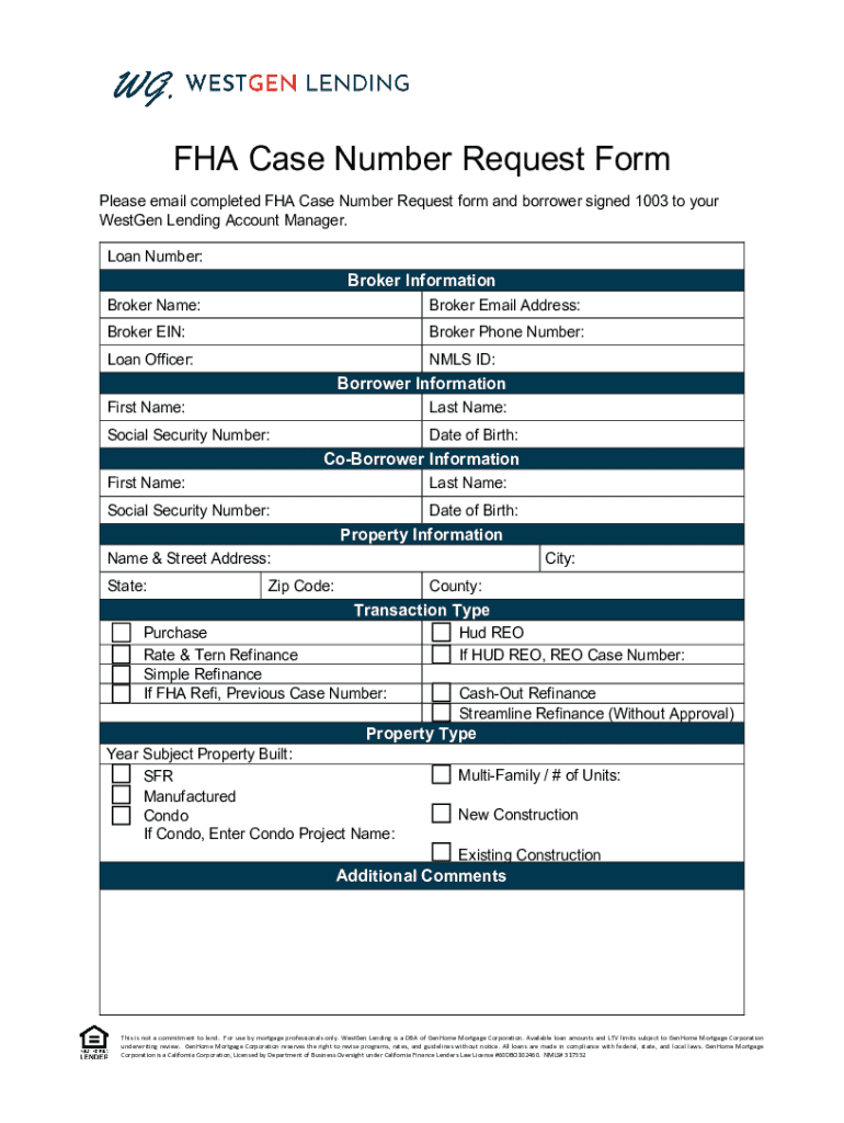 Fillable Online Fill Free fillable FHA Case Number Transfer Request