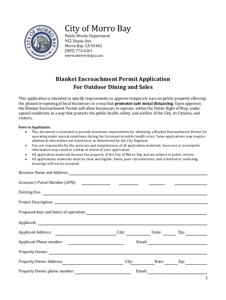 Fillable Online Blanket Encroachment Permit Application For Outdoor