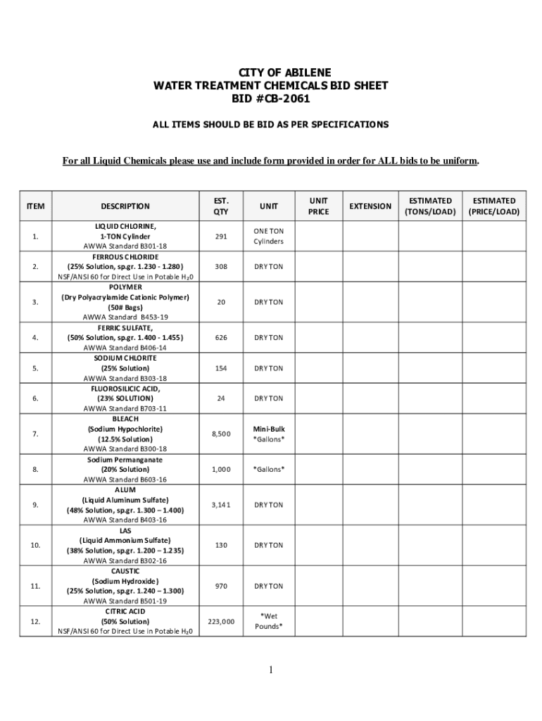 Fillable Online CITY OF ABILENE WATER TREATMENT CHEMICALS BID SHEET BID