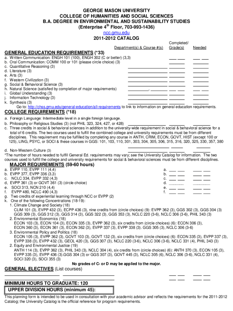 Fillable Online advising gmu DEGREE IN ENVIRONMENTAL AND SUSTAINABILITY