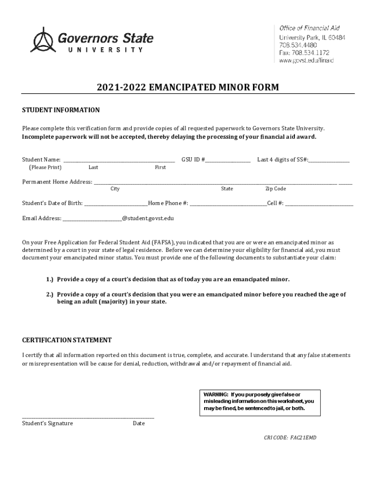 Fillable Online 2021-2022 EMANCIPATED MINOR FORM Fax Email Print ...