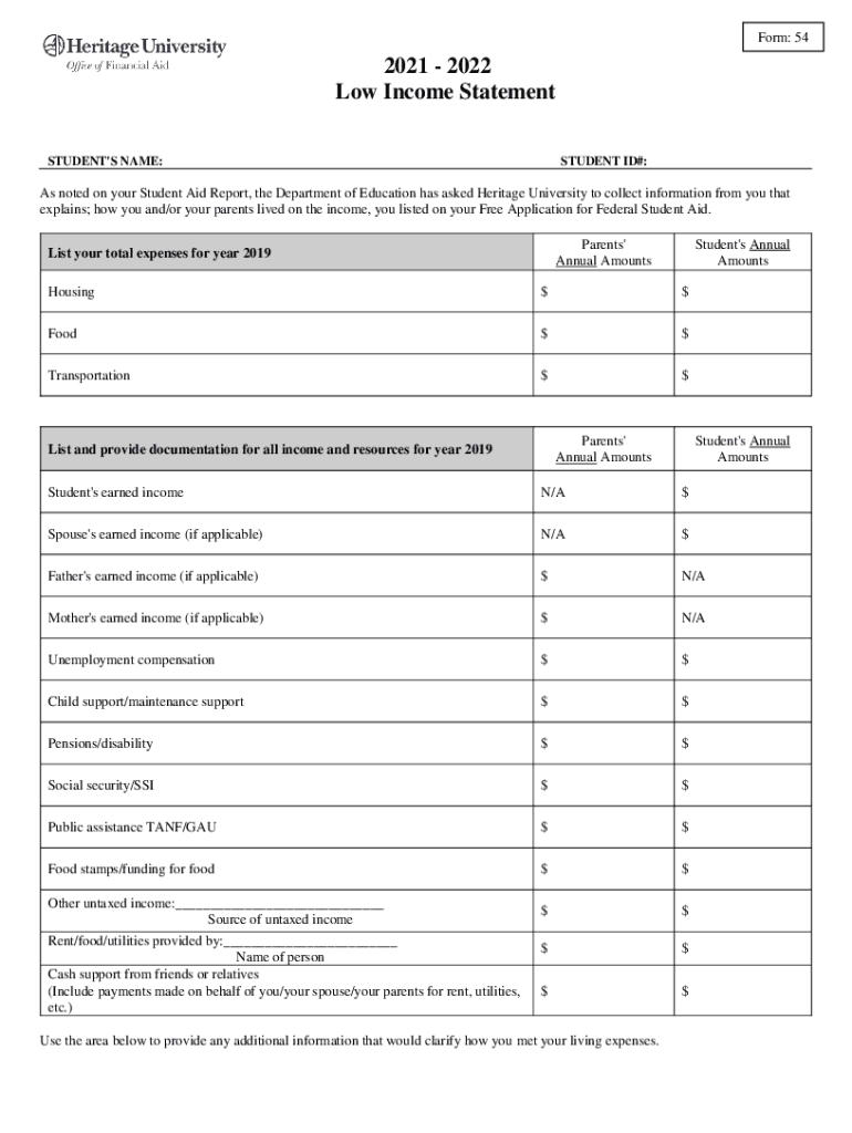 Fillable Online Form 54 2022 2021 Low Statement heritage.edu Fax Email Print pdfFiller
