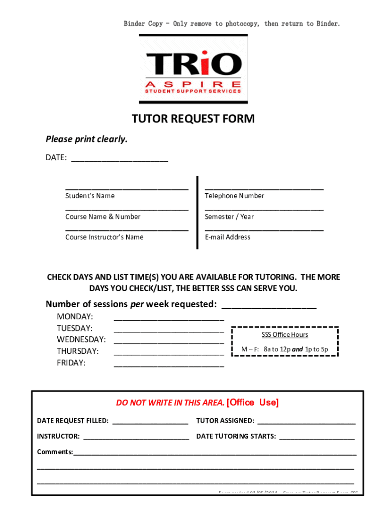 Fillable Online Tutor Request Form Binder Copy.docx Fax Email Print