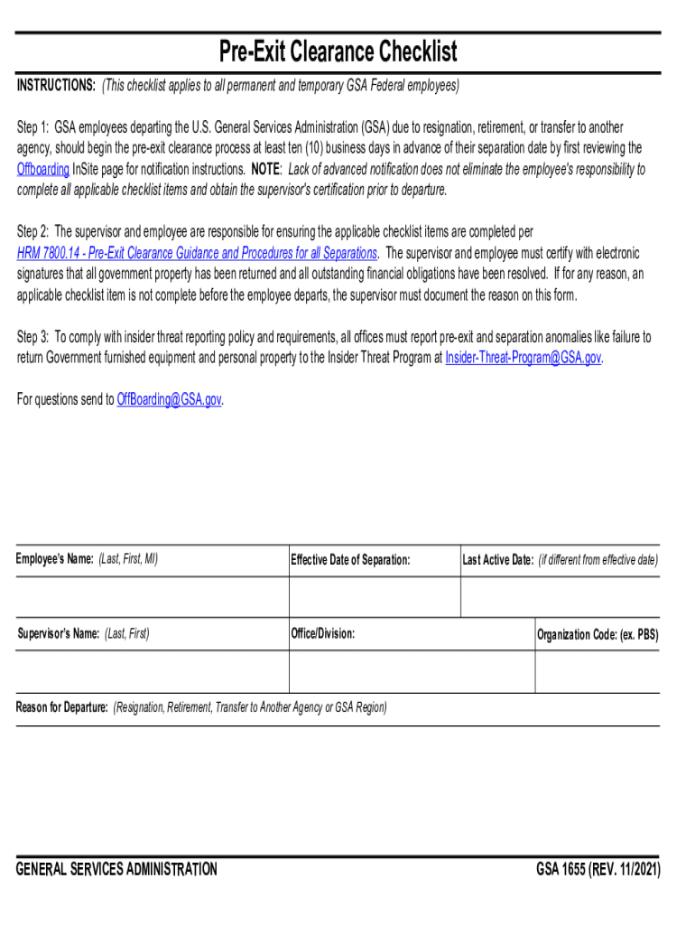 GSA Form 1655 "Pre-exit Clearance Checklist" - TemplateRoller Preview on Page 1