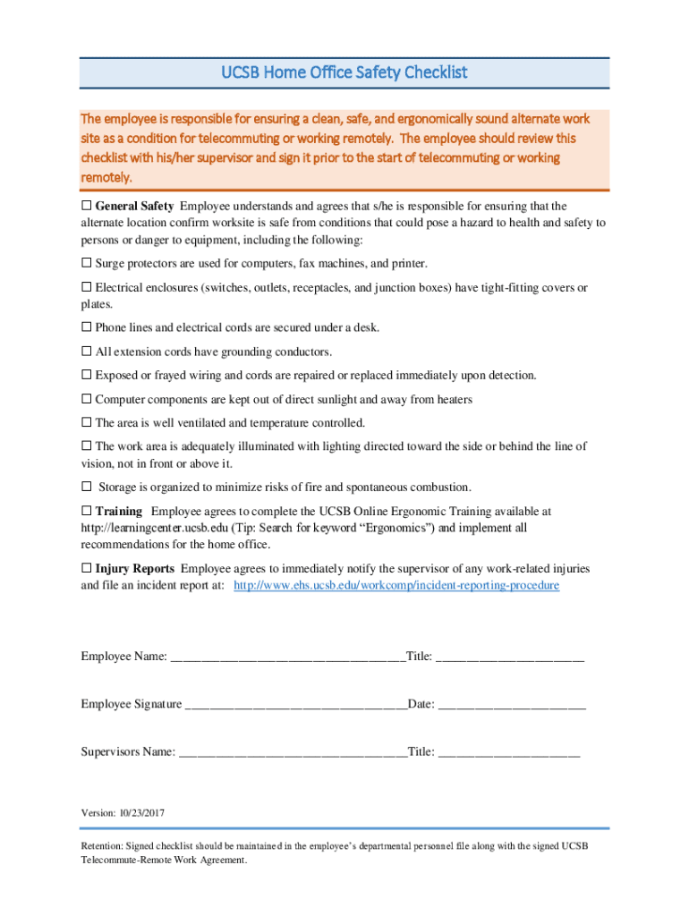 Fillable Online UCSB Home Office Safety Checklist - UC Santa Barbara