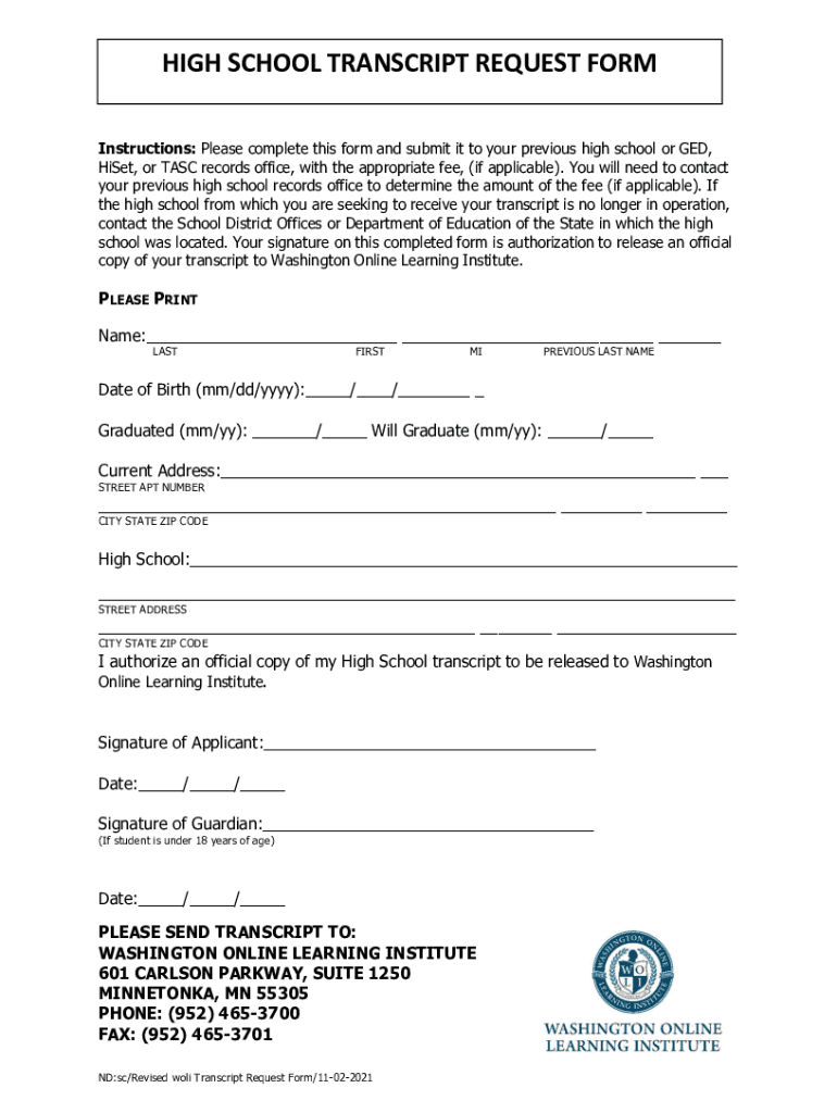 Fillable Online High School Transcript / GED Request Form Fax Email ...
