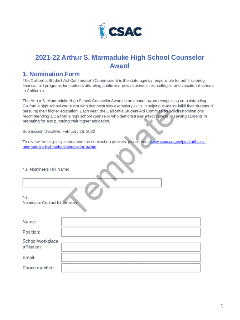 Fillable Online 202122 Arthur S. Marmaduke High School Counselor Award