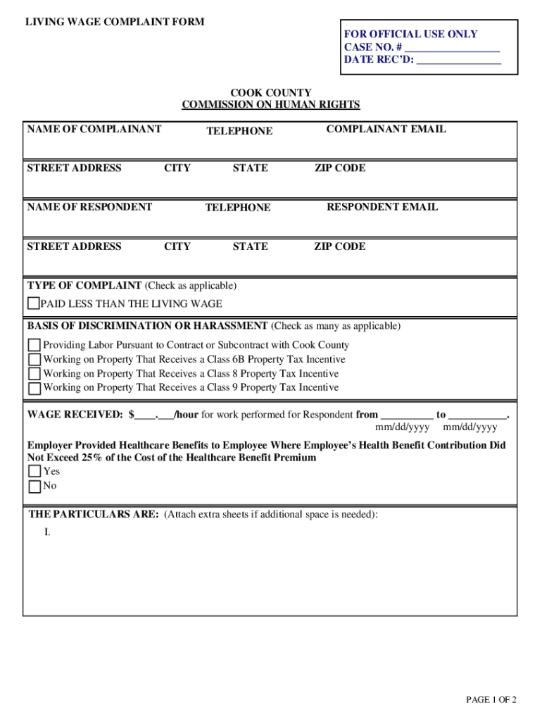 Fillable Online LIVING WAGE COMPLAINT FORM FOR OFFICIAL