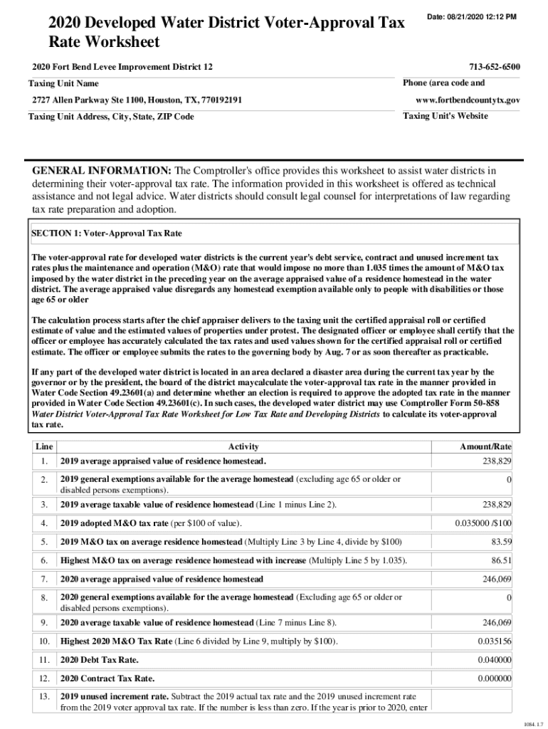 Fillable Online 2020 Developed Water District VoterApproval Tax 08/10 Fax Email Print