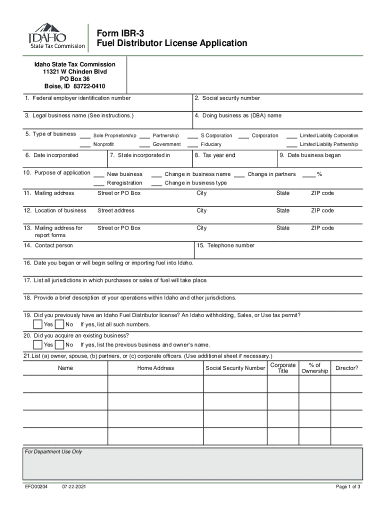 Fillable Online tax idaho Form IBR3, Fuel Distributor License