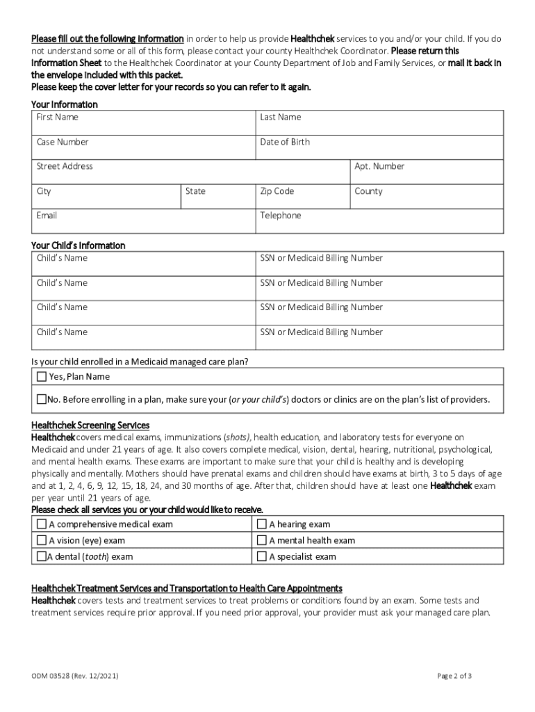 Form ODM03258 "Healthchek and Pregnancy Related Services Preview on Page 1