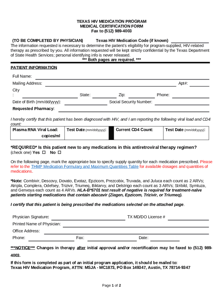 Texas Hiv Medication Program Medical Certification Doc Template