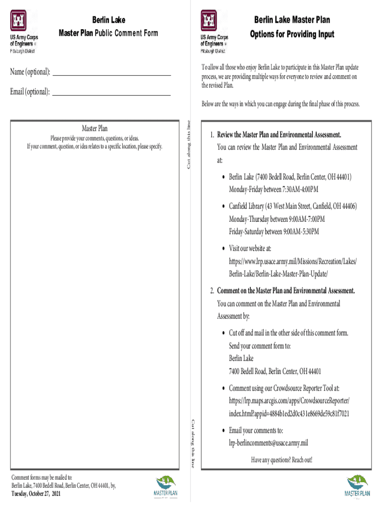 Fillable Online Berlin Lake Berlin Lake Master Plan Public Comment Form