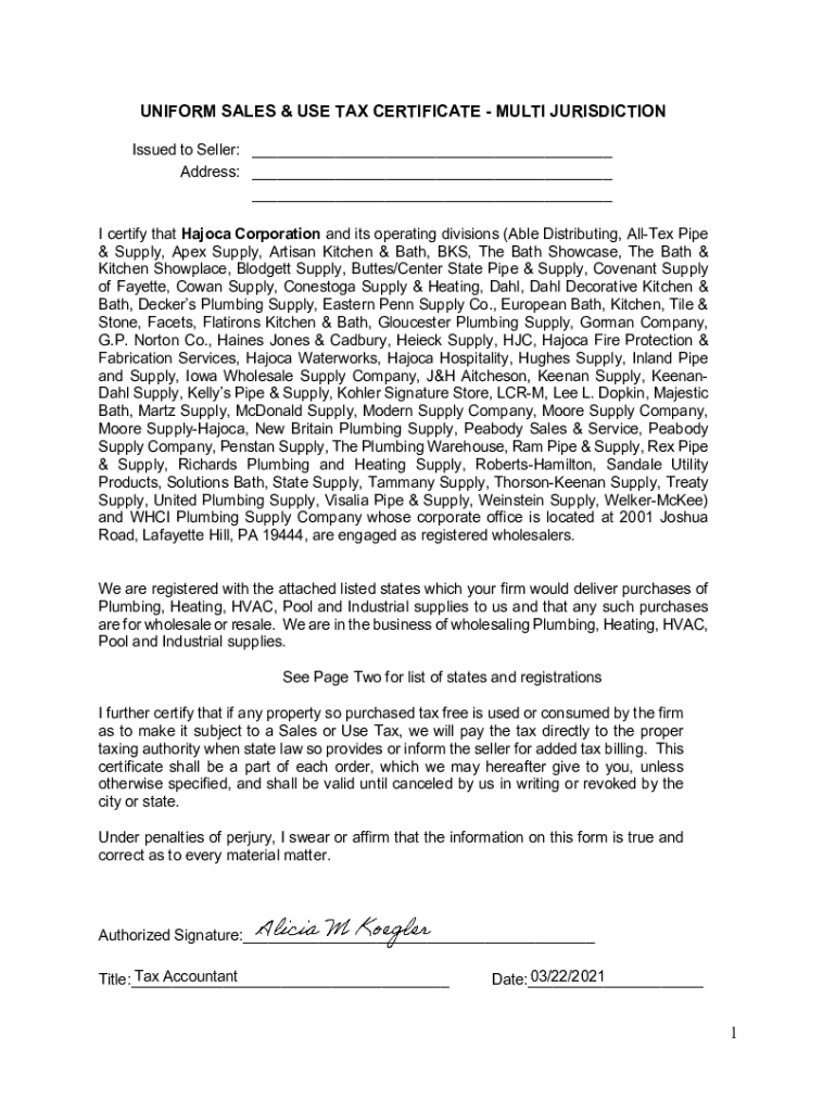 Fillable Online UNIFORM SALES & USE TAX CERTIFICATE MULTI