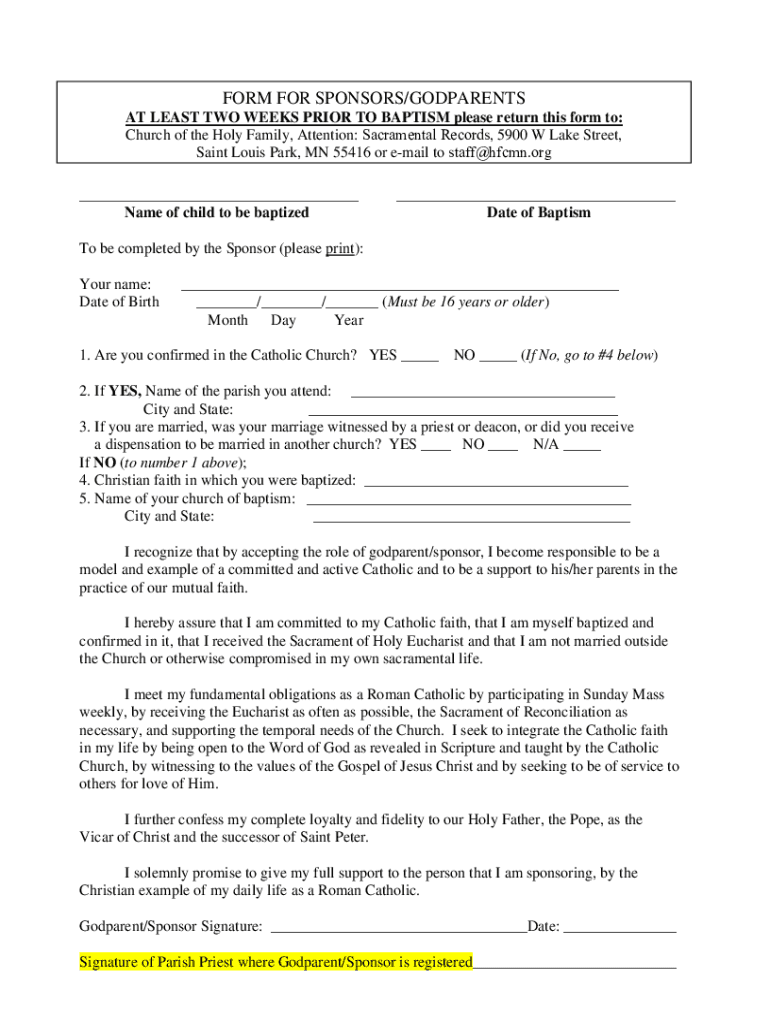 Fillable Online Baptism Sponsor form.doc Fax Email Print pdfFiller