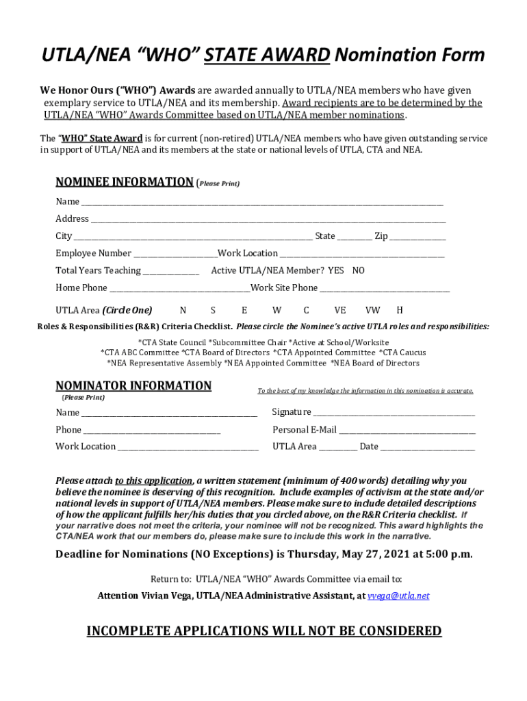 Fillable Online Fillable Online utla UTLA/NEA WHO Award Nomination Form