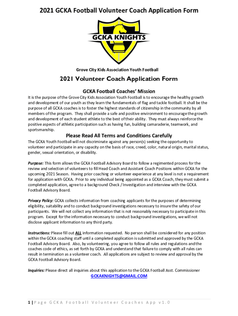 Fillable Online POYFA Football Volunteer Coach Application Form Fax