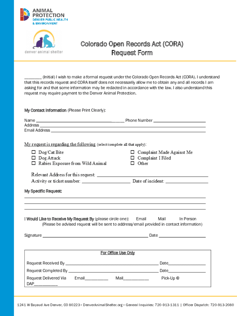 Fillable Online z Colorado Open Records Act (CORA) Request Form Fax
