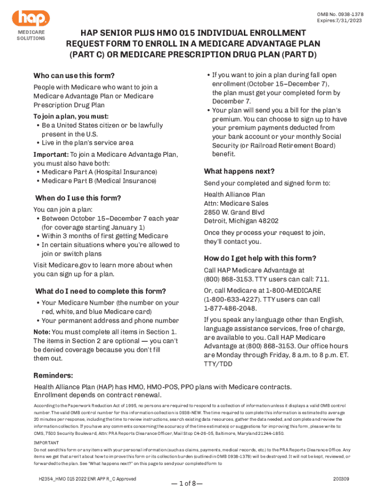 Fillable Online HAP Senior Plus HMO 015 Individual Enrollment Request