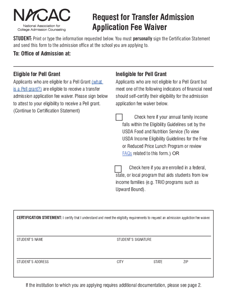 NACAC Request for Transfer Admission Application Fee Waiver Preview on Page 1
