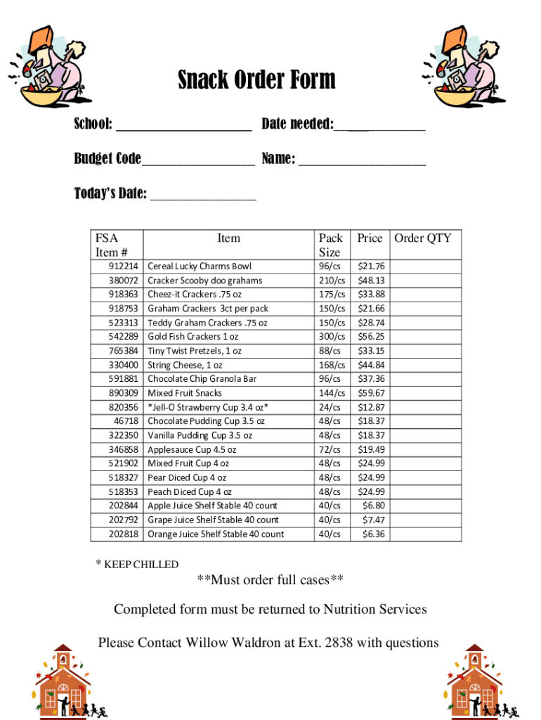 Fillable Online Snack Program Order Form Fax Email Print pdfFiller