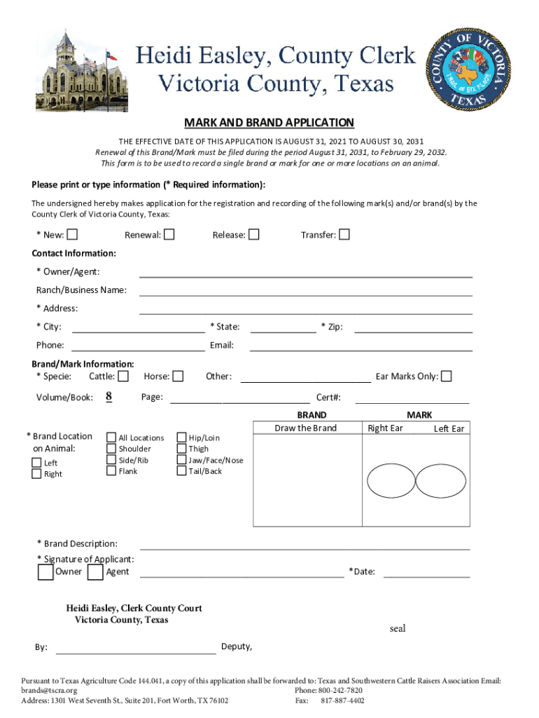 Fillable Online tscra brand application MARK AND BRAND APPLICATION Fax