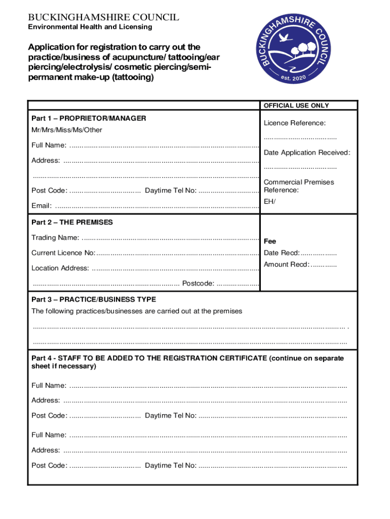 Fillable Online Tattoo, piercing and electrolysis licence (England and