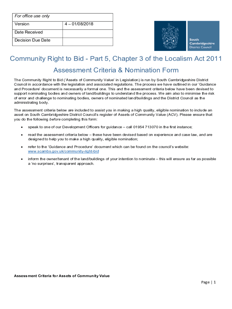 Fillable Online Community Right to Bid Assessment Criteria & Nomination Form Fax Email Print