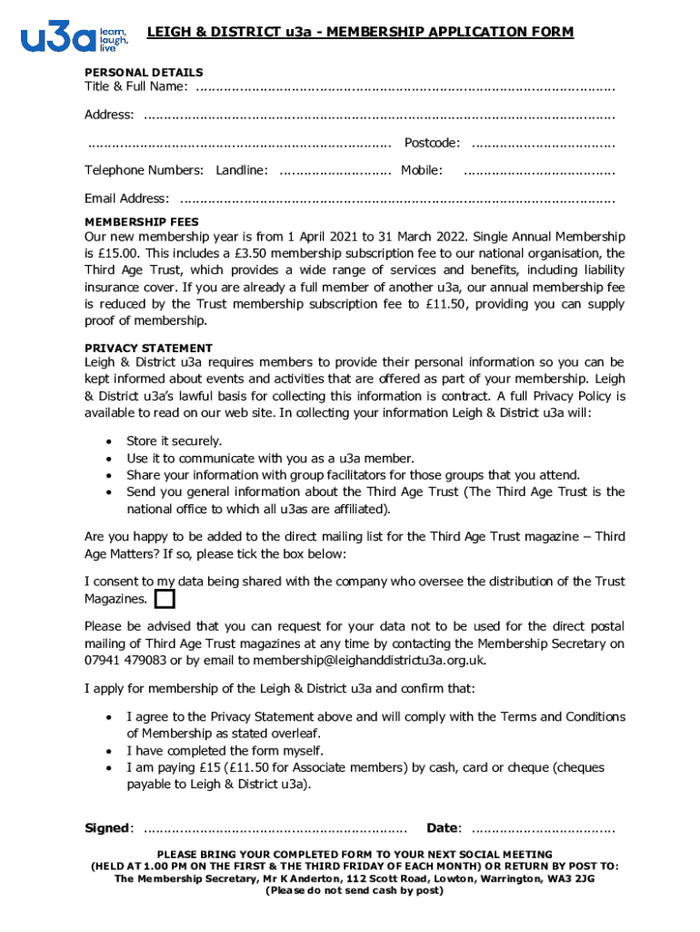 Fillable Online LEIGH & DISTRICT u3a MEMBERSHIP APPLICATION FORM Fax