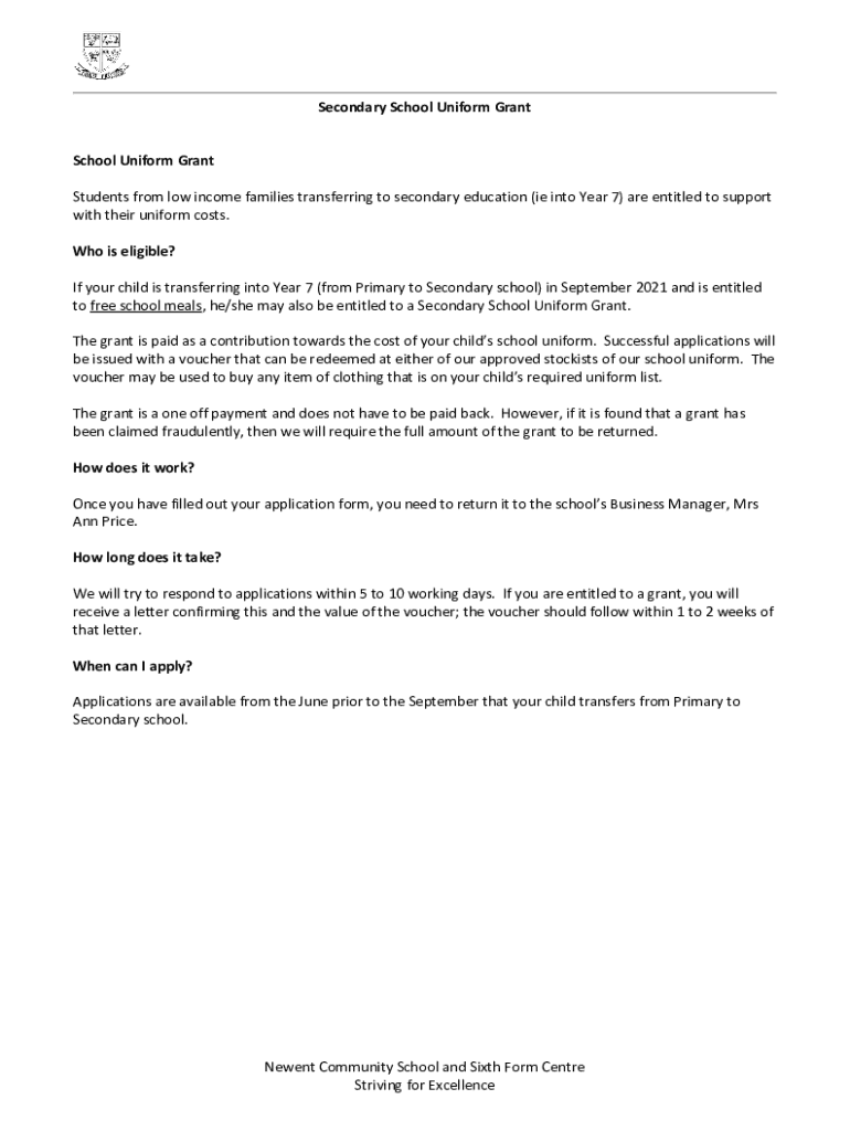 Fillable Online newent gloucs sch School uniform grant 2021 How can I