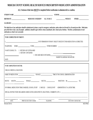 MERCER COUNTY SCHOOL HEALTH SERVICES PRESCRIPTION MEDICATION ADMINISTRATION