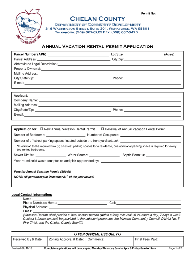 WA Annual Vacation Rental Permit Application - Chelan County Preview on Page 1