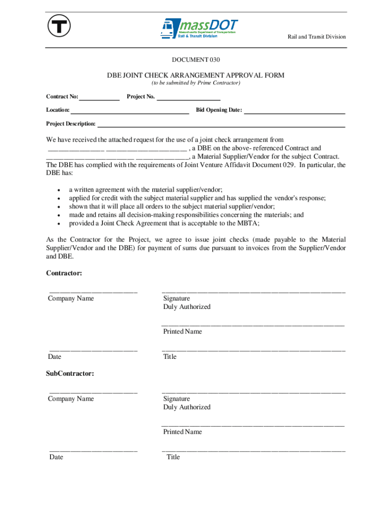 Fillable Online DBE Joint Check Agreement Approval Form Fax Email Print