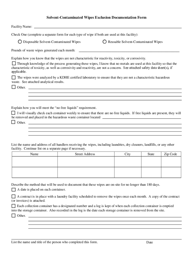 Fillable Online SolventContaminated Wipes Exclusion Documentation Form Fax Email Print pdfFiller