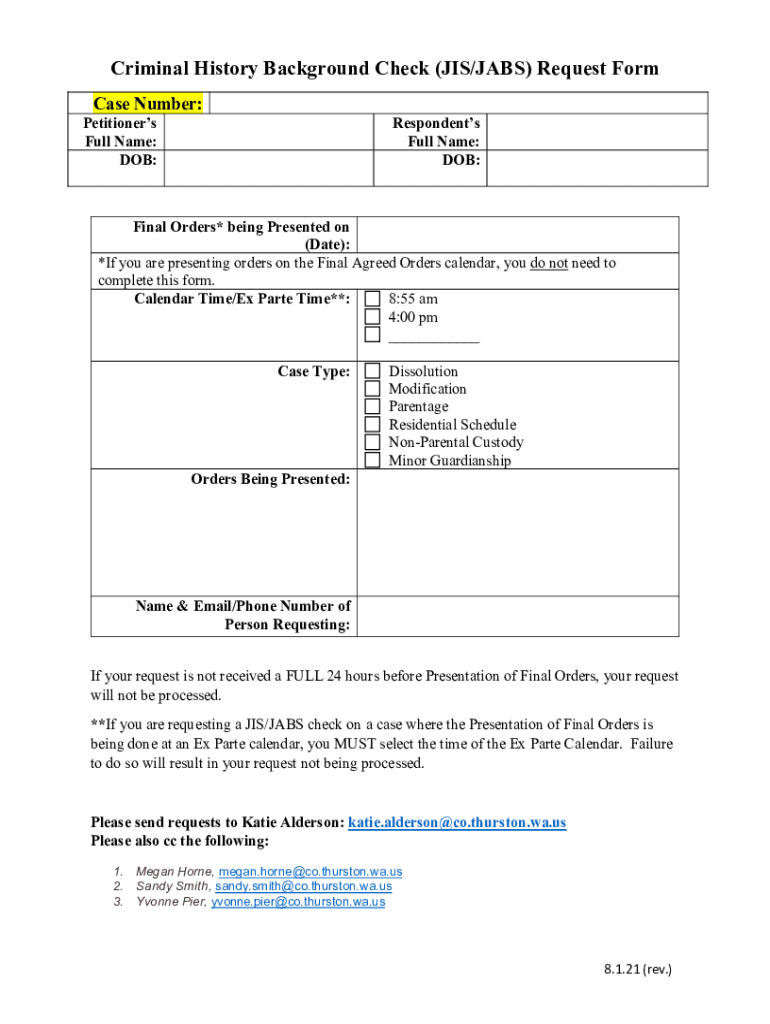Fillable Online www.thurstoncountywa.govscscdocumentsCriminal History Background Check (JIS/JABS
