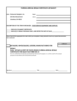 FLORIDA ANNUAL RESALE CERTIFICATE AFFADAVIT