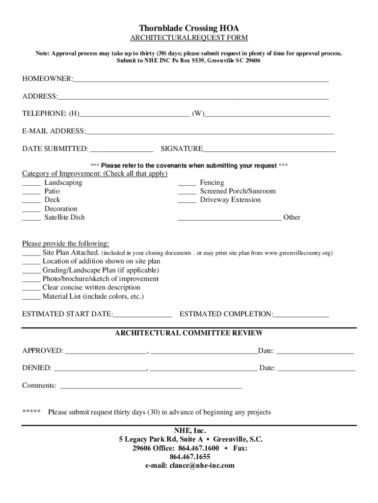 Fillable Online Thornblade Crossing HOA ARCHITECTURALREQUEST FORM Fax