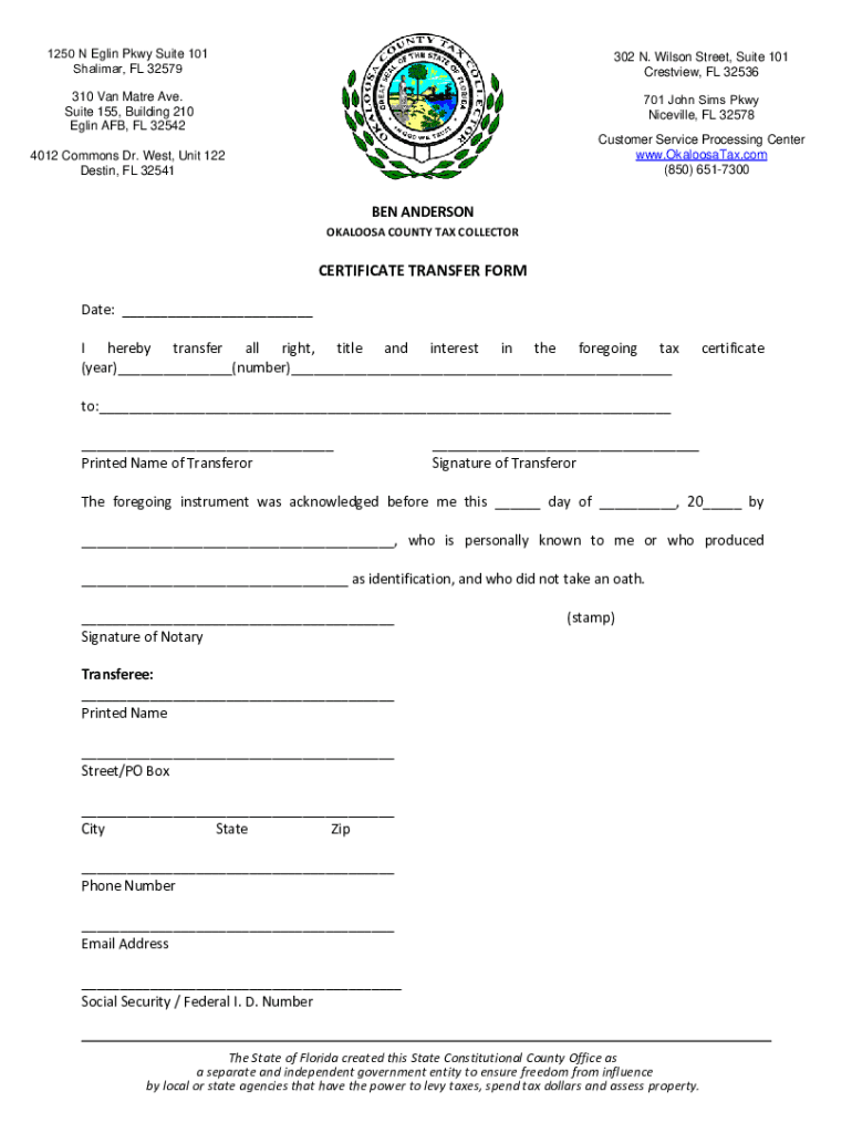 Fillable Online Okaloosa County Tax Collector Reviews, RatingsTax